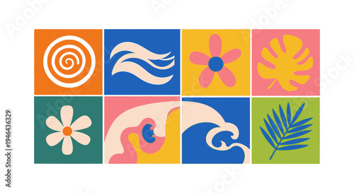 Set of 8 colorful floral icons vector