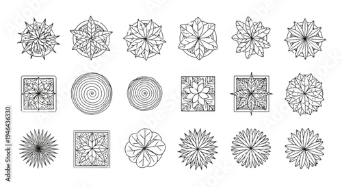 Assortment of Abstract Top-Down Plant Illustrations for Modern Architectural and Landscape Design Blueprints