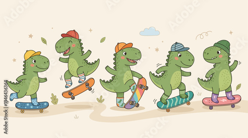 Cute Skateboarding Dinosaur Cartoon Characters Kids Vector Illustration