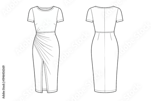 Technical flat sketch of a women's draped midi dress with short sleeves and a slit
