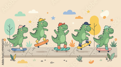 Cute Skateboarding Dinosaur Cartoon Characters Kids Vector Illustration