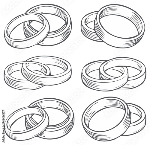 Collection of Interlocking Wedding Rings Hand Drawn Vector Illustration in Sketch Style
