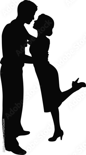 Romantic couple kissing silhouette vector illustration, man lifting woman in love embrace, dating relationship passion isolated black design