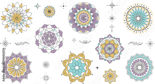 Decorative mandala ornaments collection with floral geometric patterns boho ethnic circular designs meditation yoga style flat vector illustration