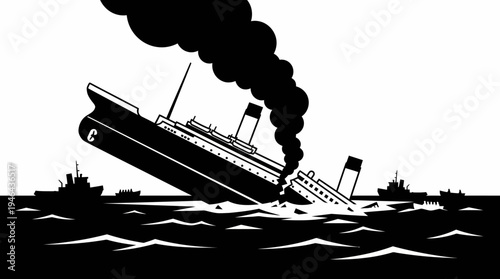 Black and white illustration of a grand ship sinking, smoke rising, portraying a severe maritime disaster
