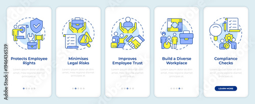 Importance of HR compliance onboarding mobile app screen. Walkthrough 5 steps editable graphic instructions with linear concepts. UI, UX, GUI. Montserrat SemiBold, Regular fonts used