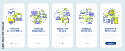 HR compliance issues onboarding mobile app screen. Financial regulation. Walkthrough 5 steps editable graphic instructions with linear concepts. UI, UX, GUI. Montserrat SemiBold, Regular fonts used