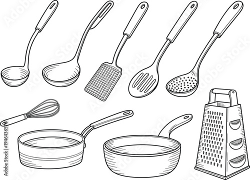 Kitchen utensils set illustration, ladle spoon whisk grater saucepan bowl cooking tools, hand drawn vintage vector collection
