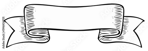 Decorative ribbon banner in vintage etching style, blank text space with decorative scroll ends on white background