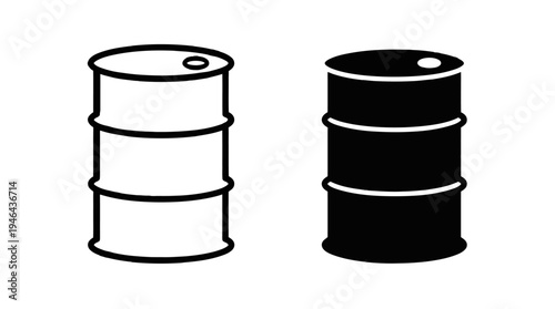 Minimalist vector icons depicting industrial barrels one with a white outline, the other solid black, perfect for graphic design projects