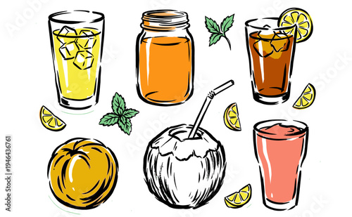 Summer drink collection artwork. Fresh lemonade, iced tea and coconut water sticker design. Refreshing beverage club vector illustration.