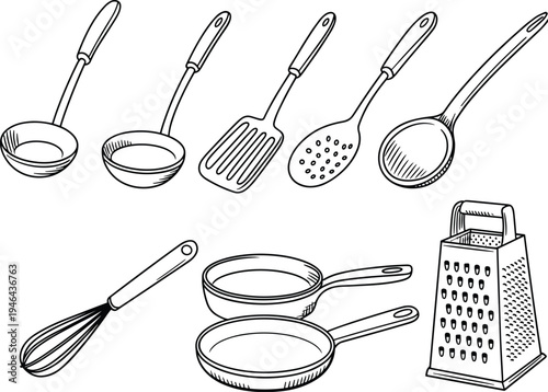 Kitchen utensils set illustration, ladle spoon spatula whisk grater frying pan cooking tools, hand drawn vintage vector collection