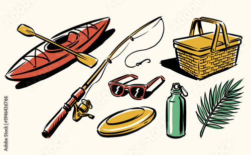 Summer getaway essentials. Outdoor adventure club. Kayaking, fishing, and picnic vibes graphic art for apparel, poster, and sticker design.