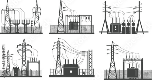 Vector illustration of electrical substations with transformers, transmission towers, circuit breakers, insulators, and high voltage power distribution infrastructure