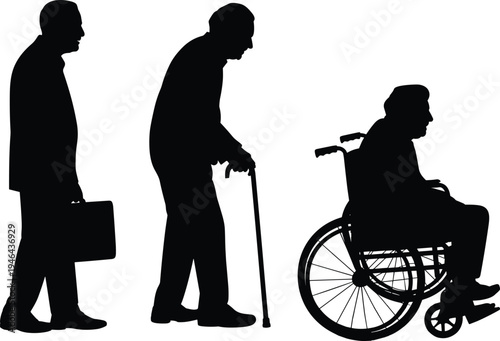 Human aging stages silhouette illustration, businessman walking elderly man with cane and wheelchair user, life cycle concept vector