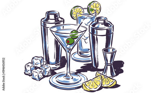 Craft cocktail club artwork. Premium bar drinks, professional mixology tools, shaker and glassware vector illustration for beverage menu design.