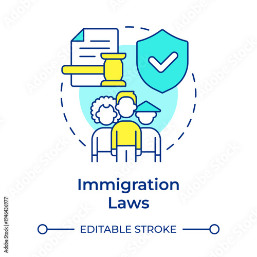 Immigration laws multi color concept icon. Legal compliance, business ethics. Workplace culture. Round shape line illustration. Abstract idea. Graphic design. Easy to use in presentation, article