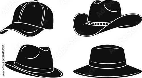 Black silhouette vector illustration of baseball cap, cowboy hat, fedora, and wide-brim sun hat, symbolizing fashion, style, costume, and cultural design themes