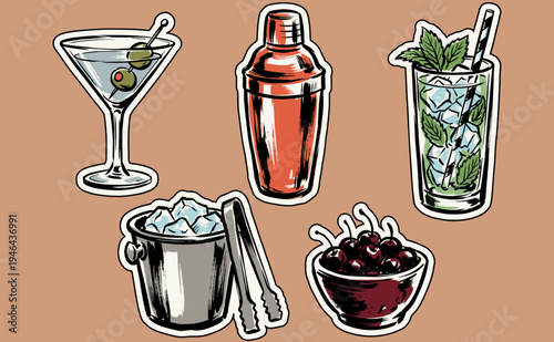 Cocktail hour party artwork for t-shirt print, poster, sticker and other uses. Martini, shaker, mojito, ice bucket and cherries vector art.