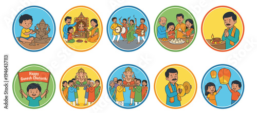 Happy Ganesh Chaturthi vector colored round badge set showing devotees making idol, praying, playing drums, eating modak, and celebrating the Indian Hindu festival in flat circles.