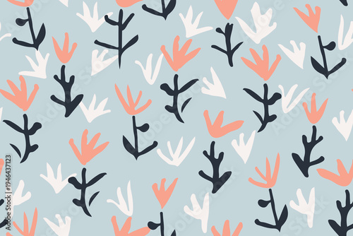 Simple, hand painted tiny wildflowers with stems and leaves as a minimalist grassland meadow design in colors of peach, white and blue on sky blue background. Botanical seamless vector pattern.