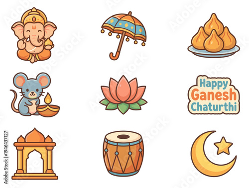 Happy Ganesh Chaturthi vector cute cartoon icon set featuring Lord Ganesha, modak sweets, mouse with diya, lotus flower, traditional drum, temple, and umbrella for Hindu festival.