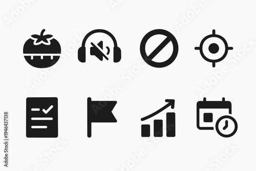 Focus and Productivity Icons. Focus and productivity tools. Filled icon set of focus and productivity tools: