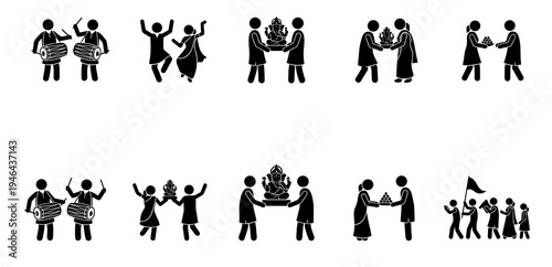Happy Ganesh Chaturthi vector silhouette collection showing devotees playing dhol drums, dancing joyfully, carrying Ganesha idol, making offerings, and procession for Hindu festival.