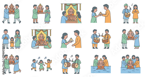 Happy Ganesh Chaturthi vector colored icons showing devotees carrying idol, playing drums, offering modak, family praying, and water immersion Visarjan for Hindu festival celebration.