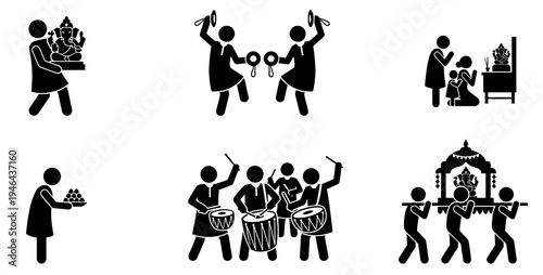 Happy Ganesh Chaturthi vector silhouette set featuring devotees carrying idol, playing drums, family praying at home shrine, and grand palanquin procession for Indian Hindu festival.