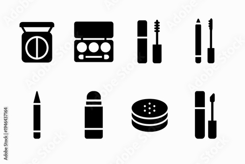 Makeup Icons Grid. Makeup Product Layouts. Filled icon set of Makeup Product Layouts: blush compact, eyeshadow