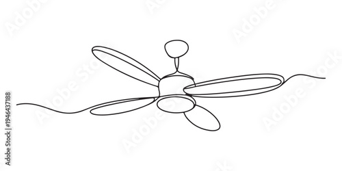 continuous one line drawing of a ceiling fan with light fixture a home appliance for cooling air vector outline sketch