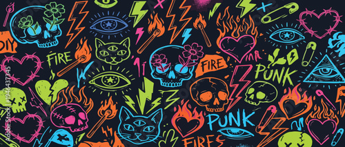Punk crayon drawn sticker collection. Colorful funky tattoo icon set. Girly halloween vector stickers. Freehand drawing.