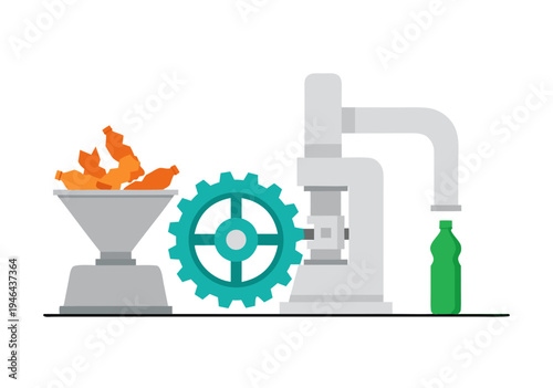 Vector illustration of a plastic bottle manufacturing process with machinery and raw materials