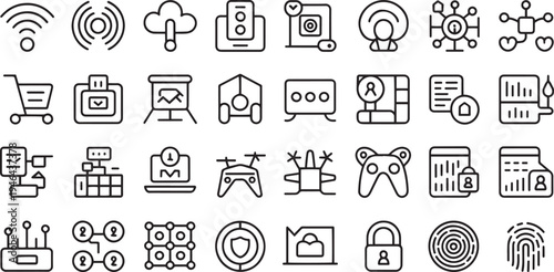 Collection of various flat design icons and symbols for technology and everyday activities