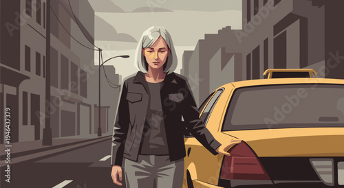 Vector illustration of a woman standing next to a taxi on a city street