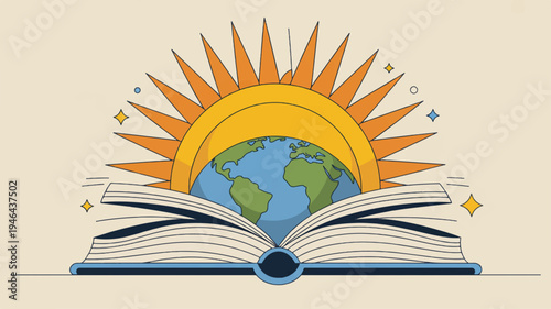 Open book with earth and sun illustration symbolizing education and global learning