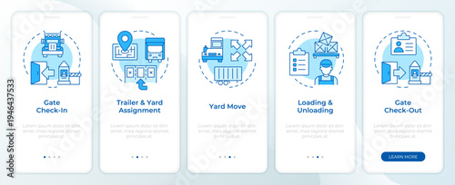 Yard management process flow blue onboarding mobile app screen. Logistics. Walkthrough 5 steps editable graphic instructions with linear concepts. UI, UX, GUI. Montserrat SemiBold, Regular fonts used