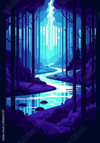 Enchanting Forest Stream at Dusk A Luminous Blue and Purple Vector Illustration