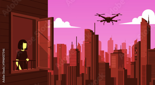 Vector Illustration of a Woman Watching a Delivery Drone Fly Over a Cityscape at Sunset with Modern Buildings