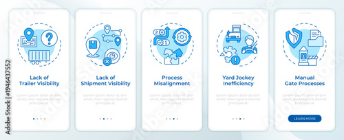 Common yard management challenges blue onboarding mobile app screen. Walkthrough 5 steps editable graphic instructions with linear concepts. UI, UX, GUI. Montserrat SemiBold, Regular fonts used