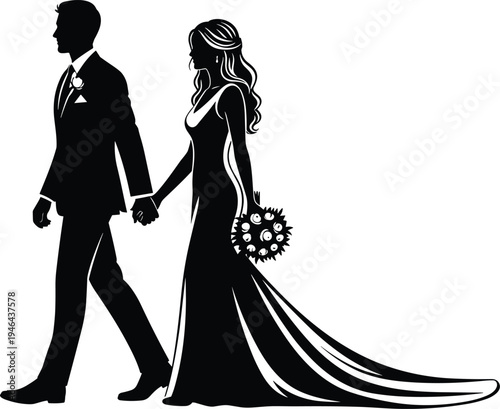 Black silhouette vector illustration of bride and groom walking hand in hand, symbolizing wedding, marriage, love, romance, and union design themes
