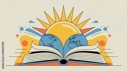 Vibrant open book with sun and earth behind symbolizing education and global awareness in a colorful abstract design for learning and environmental concepts