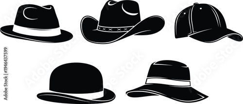 Black-and-white vector illustration of fedora, cowboy hat, baseball cap, bowler hat, and sun hat, symbolizing fashion, style, costume, and cultural design themes