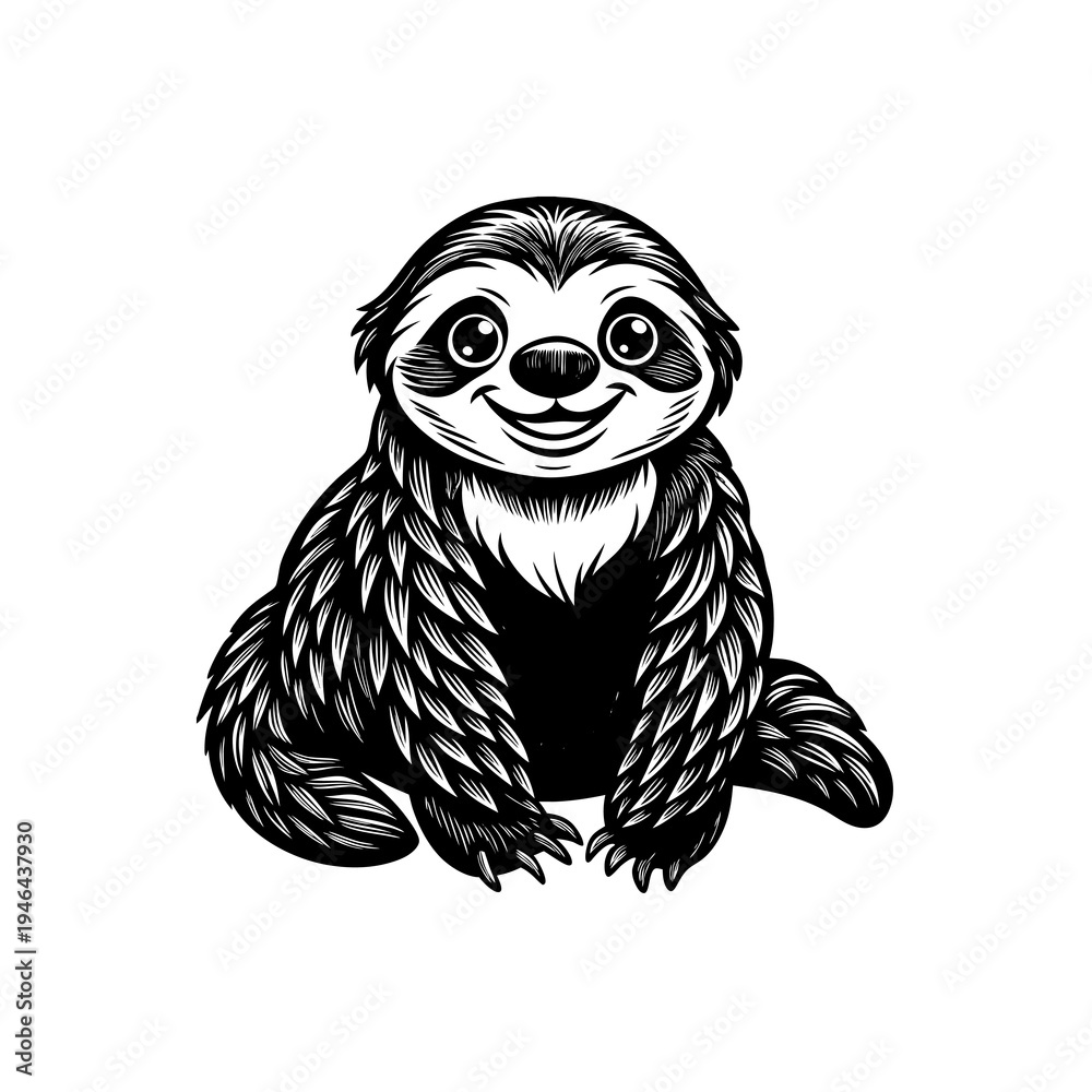 Obraz premium Cute smiling sloth illustration in black and white, sitting and looking forward with a happy expression, rendered in a detailed graphic style.