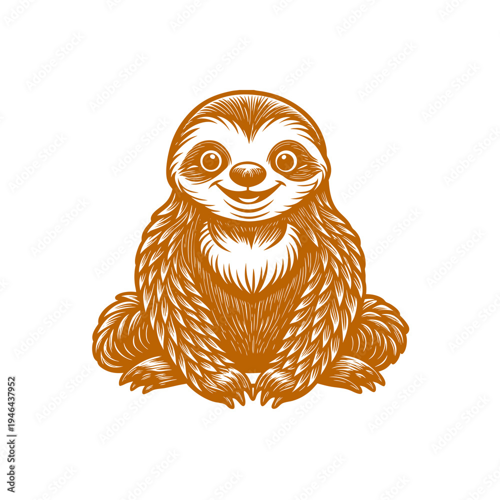 Fototapeta premium Cute smiling sloth illustration in a vintage woodcut style, sitting and looking friendly.