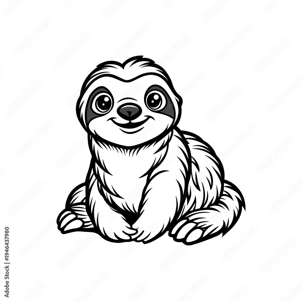 Fototapeta premium Cute black and white cartoon illustration of a happy baby sloth sitting and smiling, with detailed fur texture.