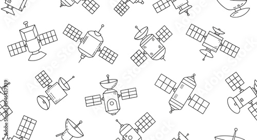 Seamless black and white pattern of various satellites floating in outer space illustration, seamless pattern, royalty stock.