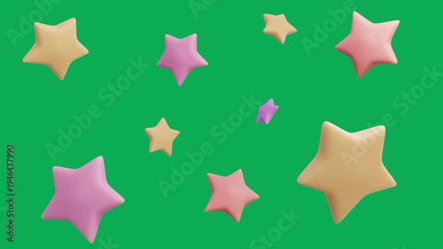 Pastel 3D cartoon bursting stars on green screen background