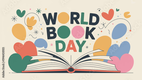 World book day celebration with colorful balloons and an open book on a beige background